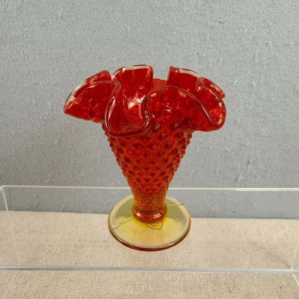 VTG‎ Signed Fenton Amberina Hobnail Ruffled Vase 5